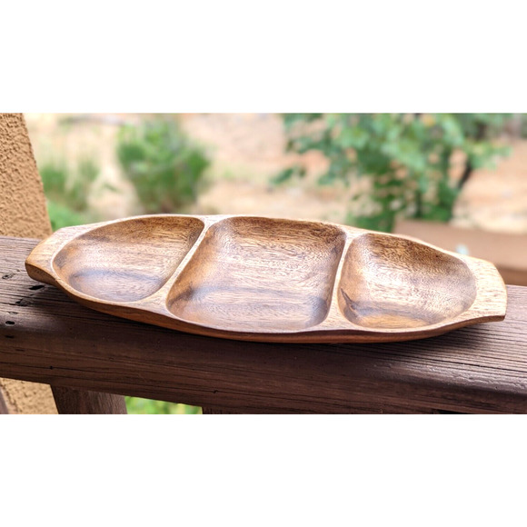 Leilani Monkey Pod Wood Tray Hand Crafted Three Parts Mid Century Philippines - Picture 6 of 12